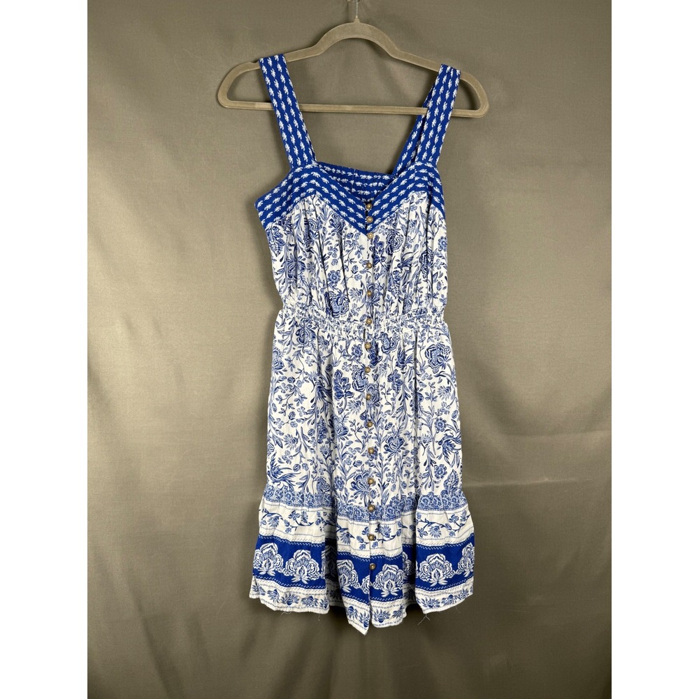 Knox Rose Floral Sun Dress Womens XS‎ Blue White Boho Button Front Smocked Waist